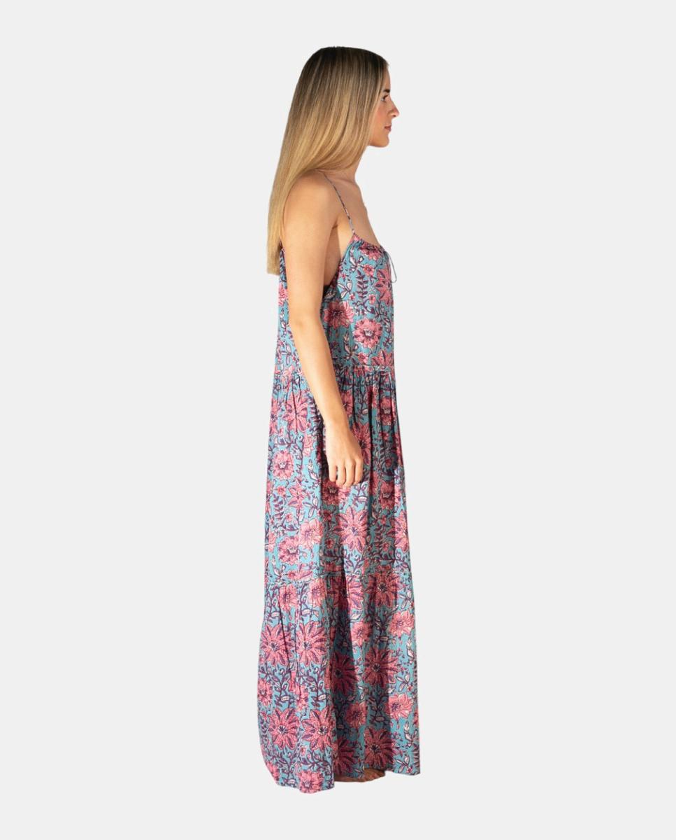 Kaftan Comprido de Alças em Algodão com Estampado Botânico Rosa-3