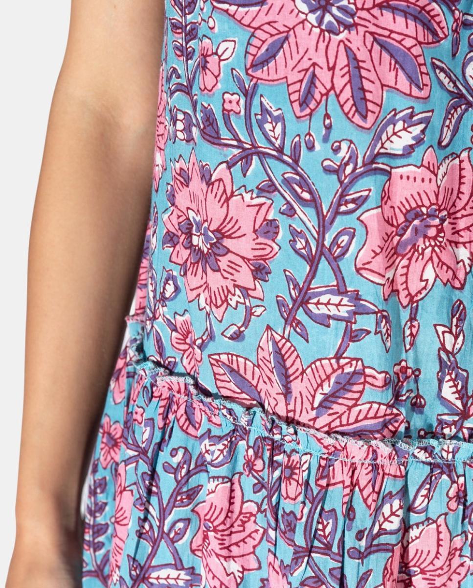 Kaftan Comprido de Alças em Algodão com Estampado Botânico Rosa-4