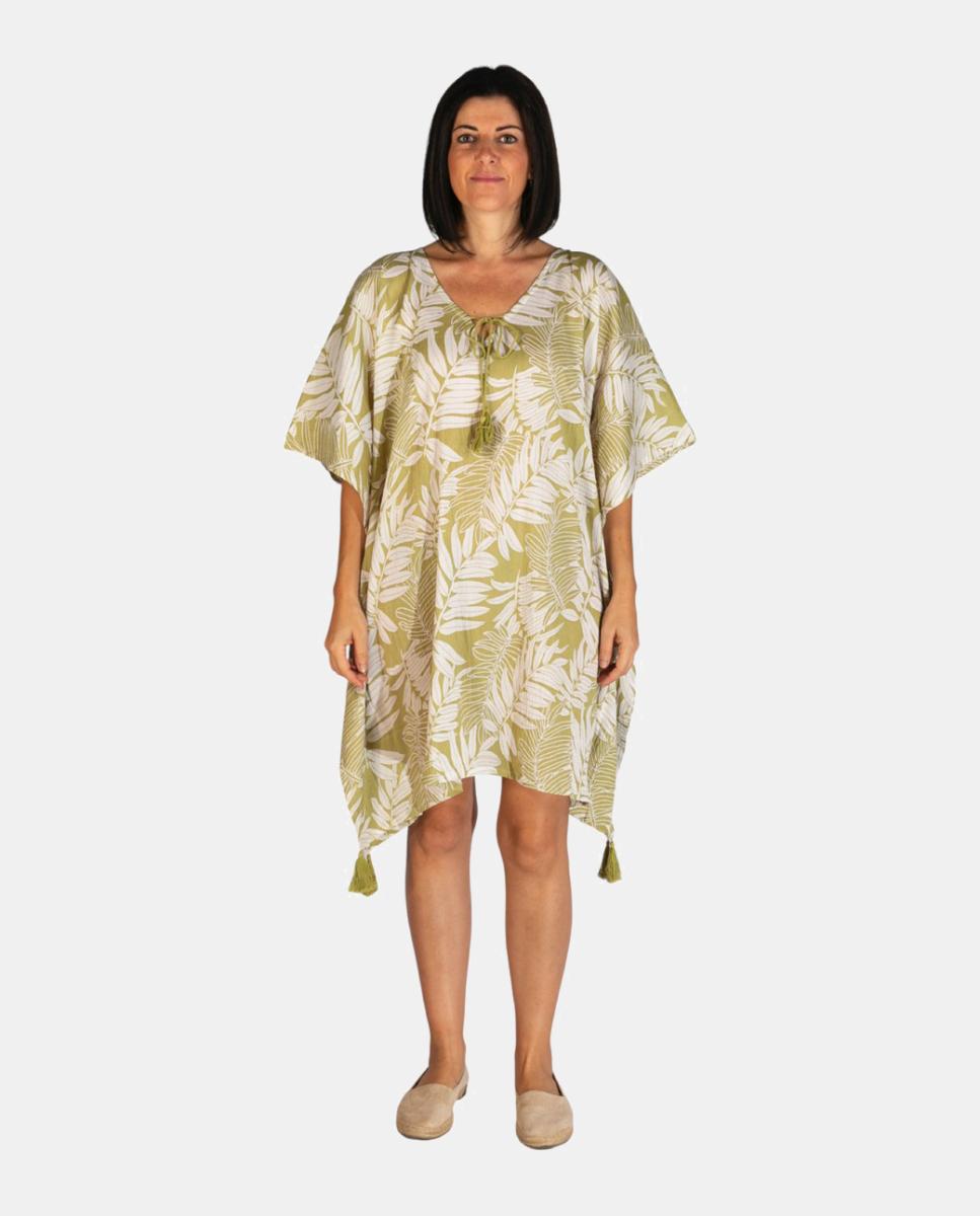Imagem 0 de Kaftan Curto de Praia com Estampado de Folhas e Detalhe de Borlas