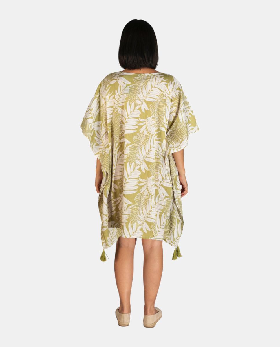 Kaftan Curto de Praia com Estampado de Folhas e Detalhe de Borlas Verde-2