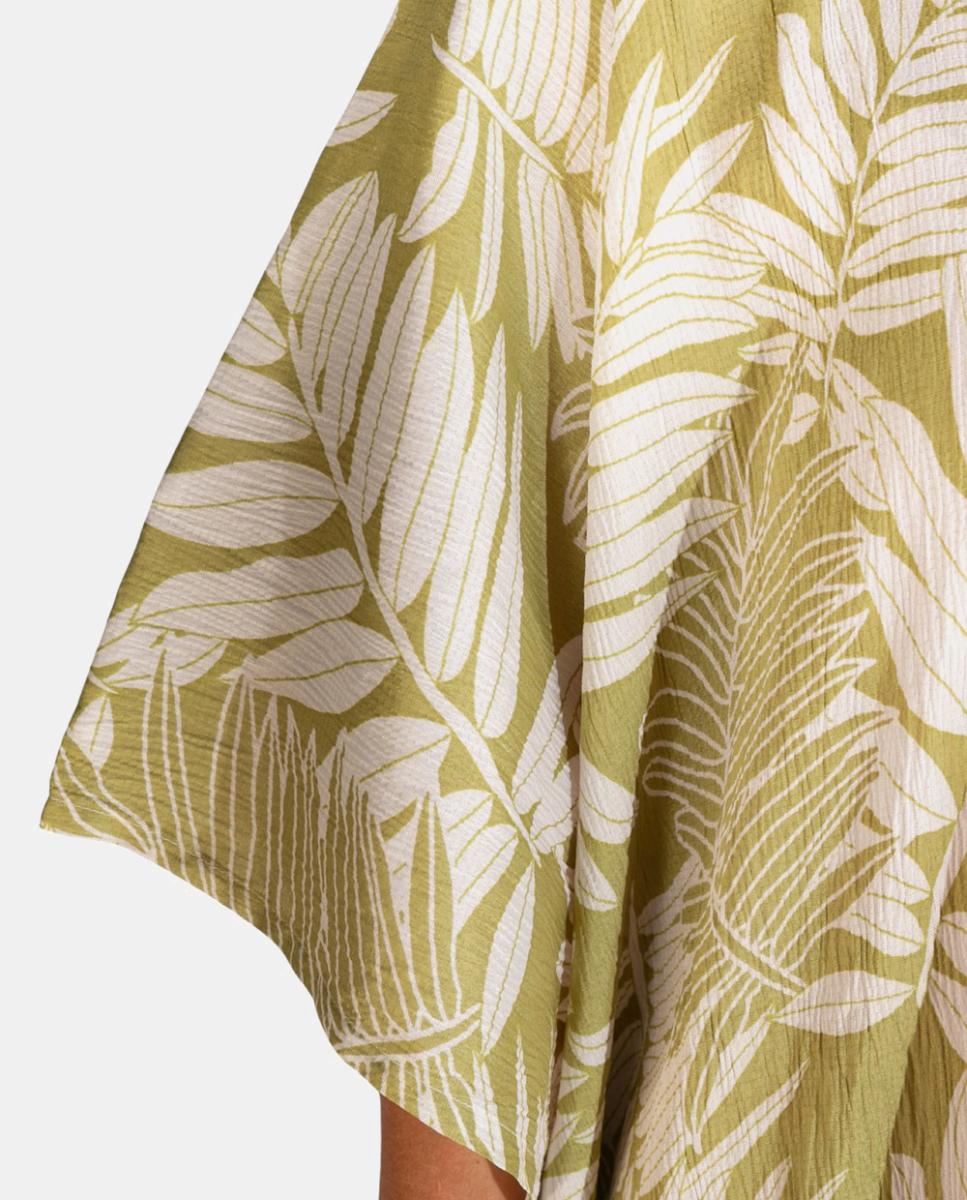 Kaftan Curto de Praia com Estampado de Folhas e Detalhe de Borlas Verde-3