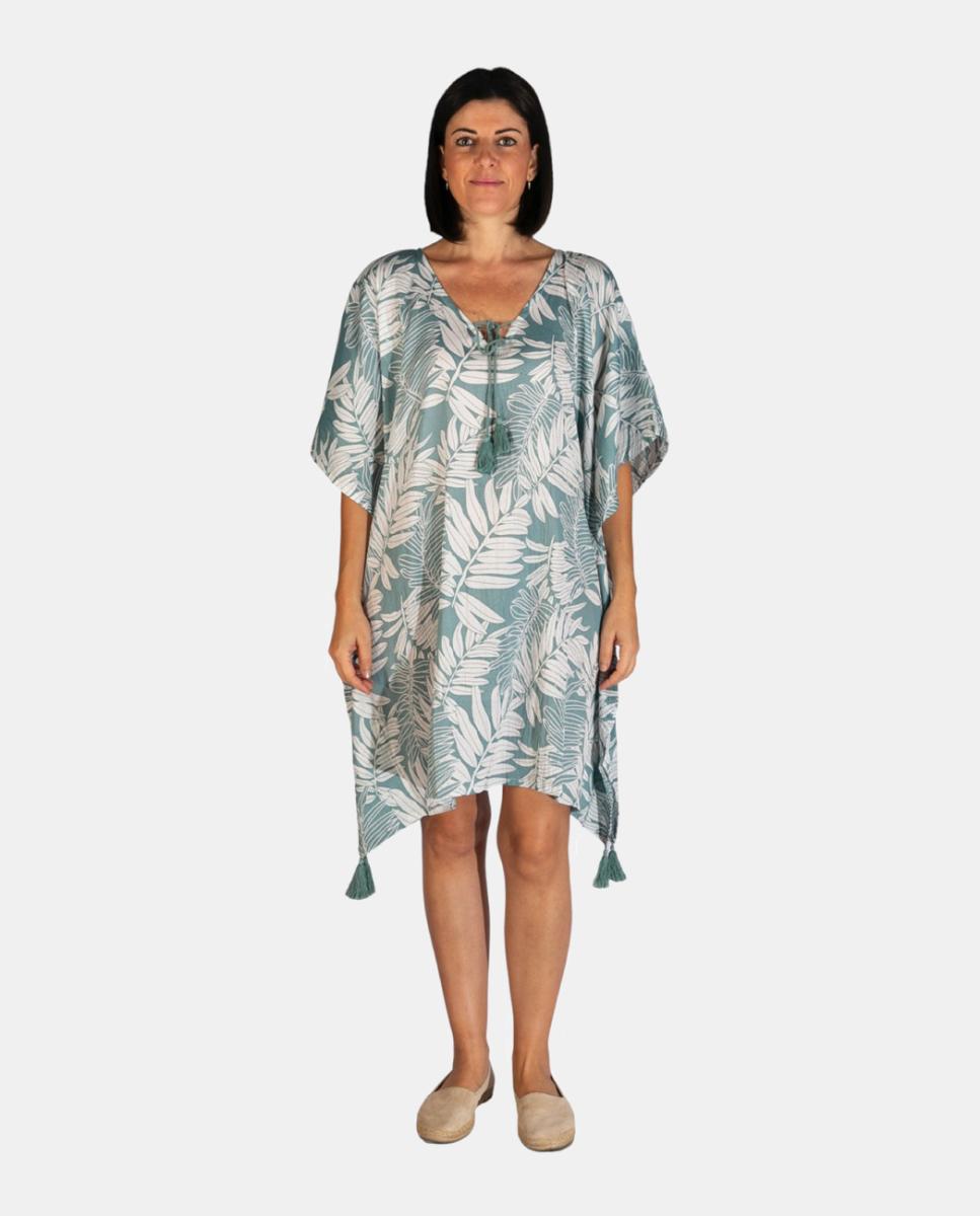 Imagem 0 de Kaftan Curto de Praia com Estampado de Folhas e Detalhe de Borlas
