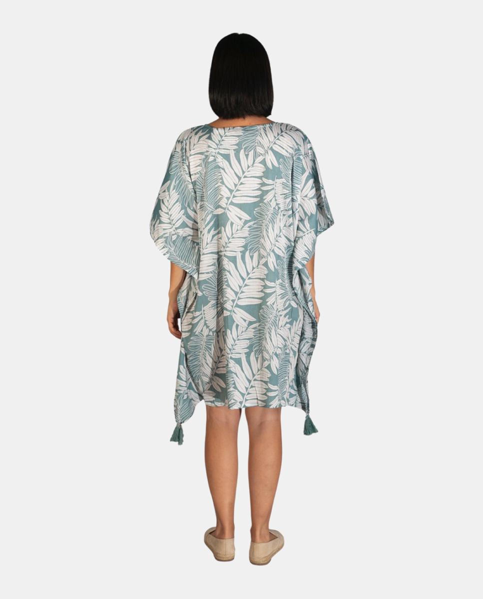 Kaftan Curto de Praia com Estampado de Folhas e Detalhe de Borlas Verde Água-2