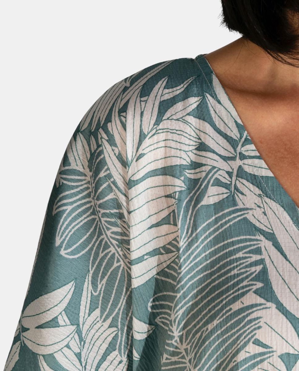 Kaftan Curto de Praia com Estampado de Folhas e Detalhe de Borlas Verde Água-3