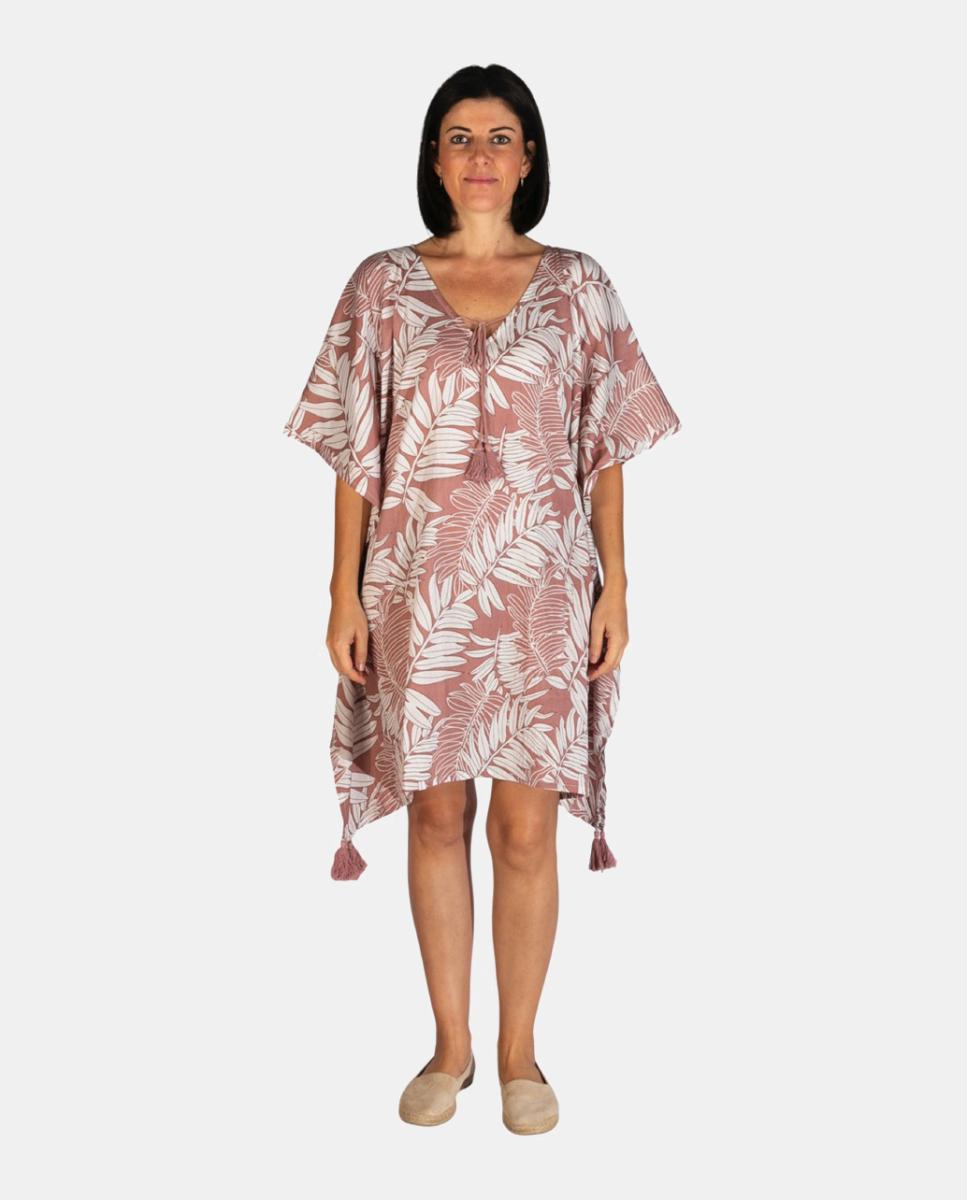 Imagem 0 de Kaftan Curto de Praia com Estampado de Folhas e Detalhe de Borlas