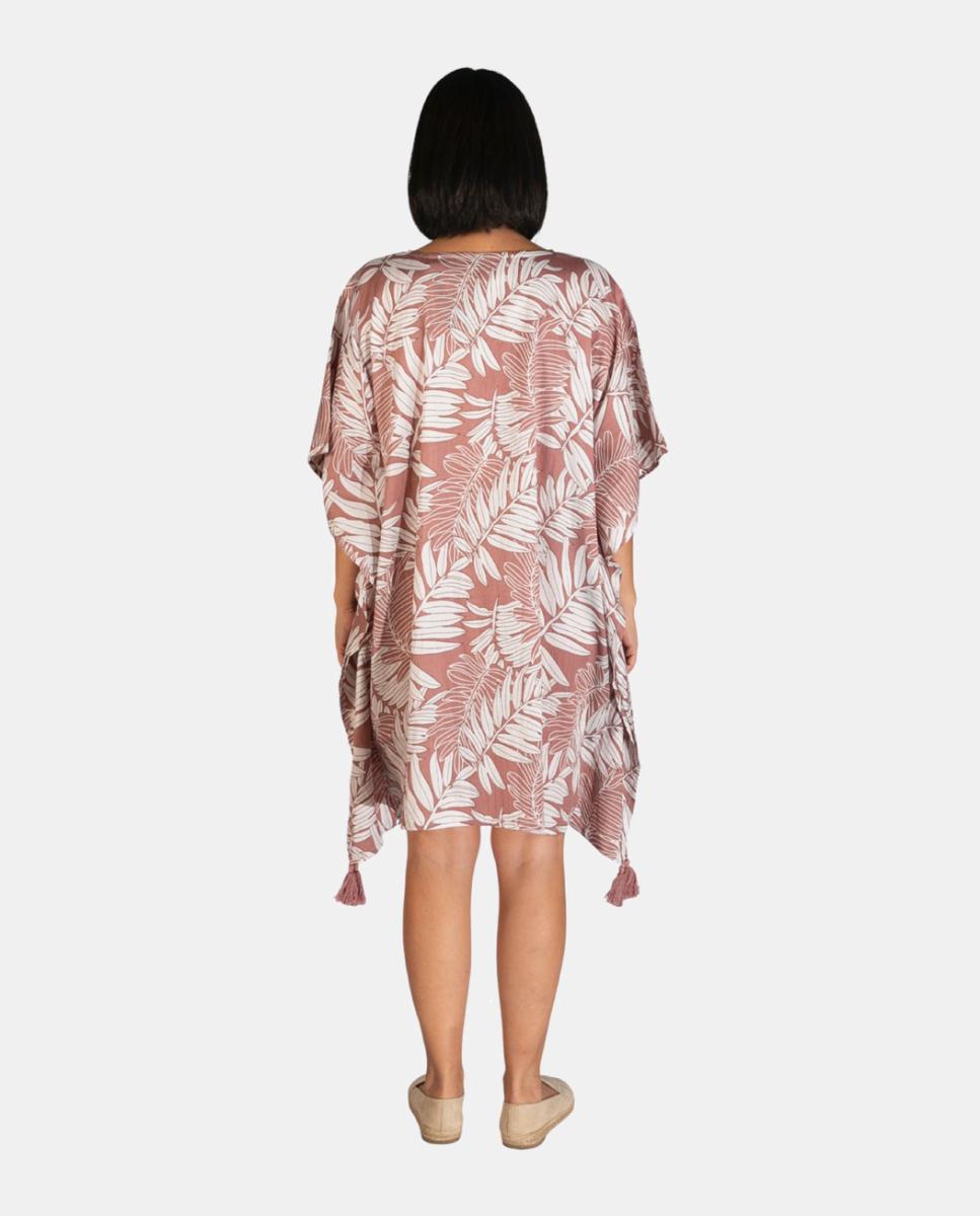 Kaftan Curto de Praia com Estampado de Folhas e Detalhe de Borlas Rosa-2