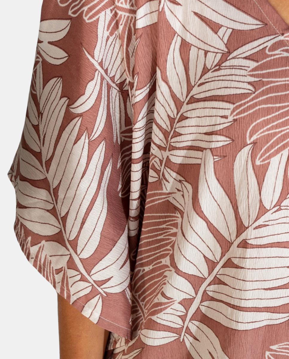 Kaftan Curto de Praia com Estampado de Folhas e Detalhe de Borlas Rosa-3
