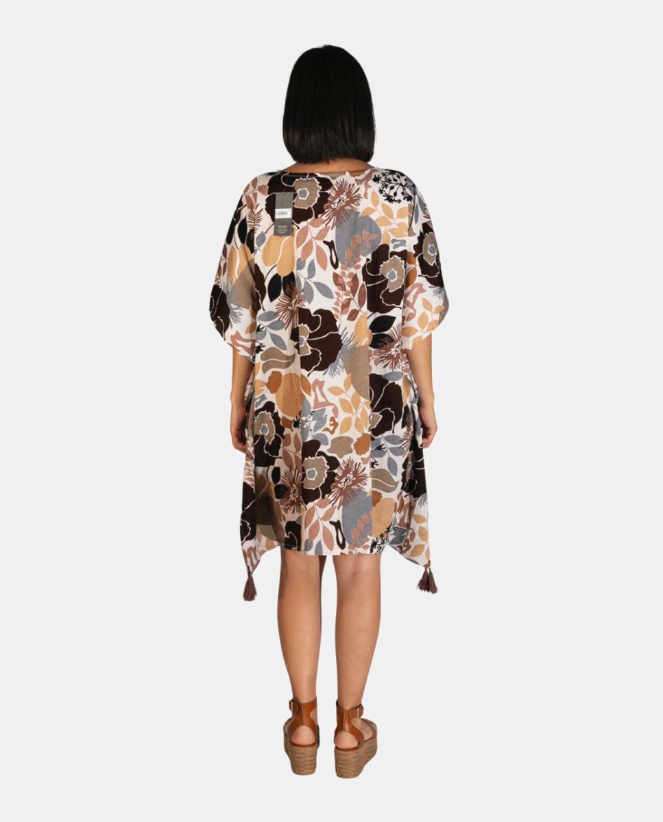 Kaftan Curto de Praia com Estampado Floral e Detalhe de Borlas Castanho-2