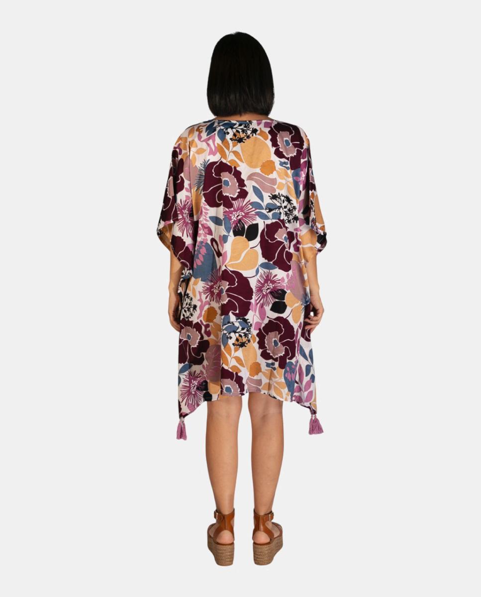 Kaftan Curto de Praia com Estampado Floral e Detalhe de Borlas Grená-2