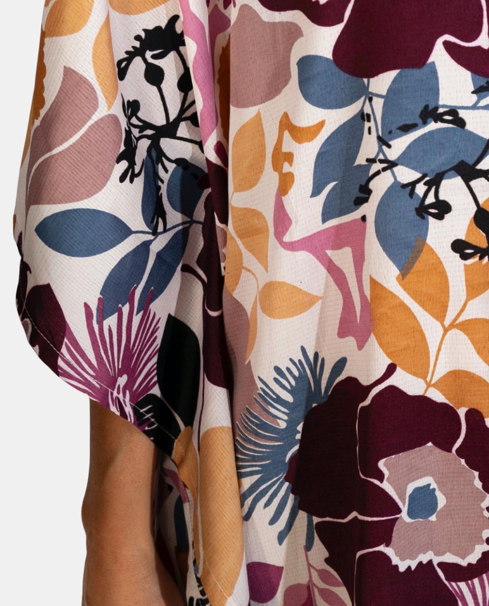 Kaftan Curto de Praia com Estampado Floral e Detalhe de Borlas Grená-3