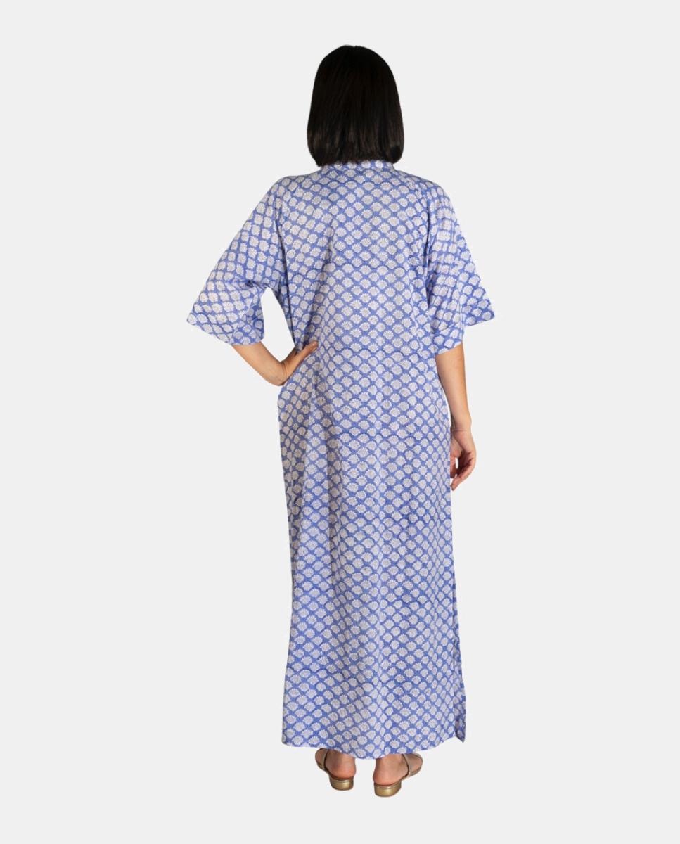 Kaftan Comprido de Algodão com Estampado Botânico Azul-2
