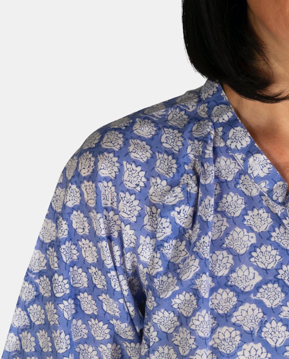 Kaftan Comprido de Algodão com Estampado Botânico Azul-3
