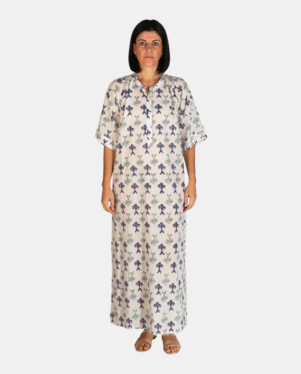Imagem 0 de Kaftan Comprido de Algodão com Estampado de Peixes