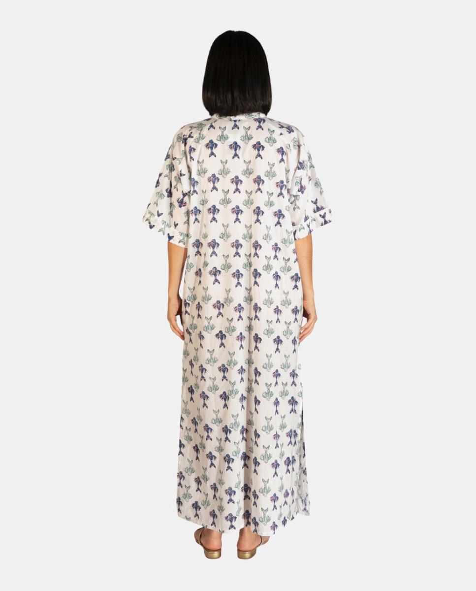 Kaftan Comprido de Algodão com Estampado de Peixes Branco-2