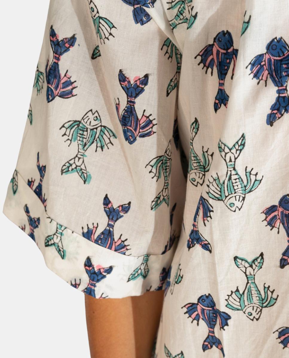 Kaftan Comprido de Algodão com Estampado de Peixes Branco-3