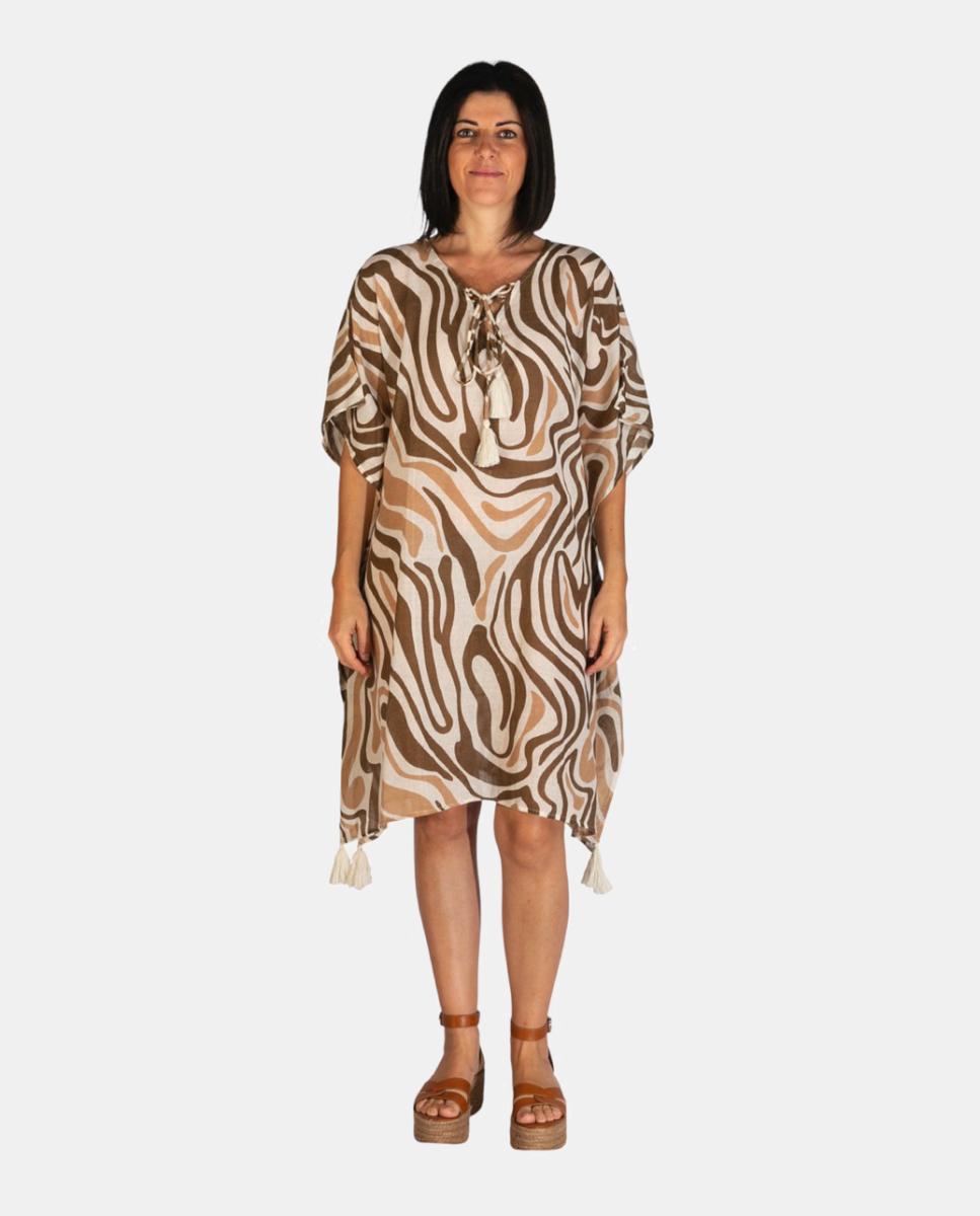 Imagem 0 de Kaftan Curto de Praia com Animal Print e Detalhe de Borlas