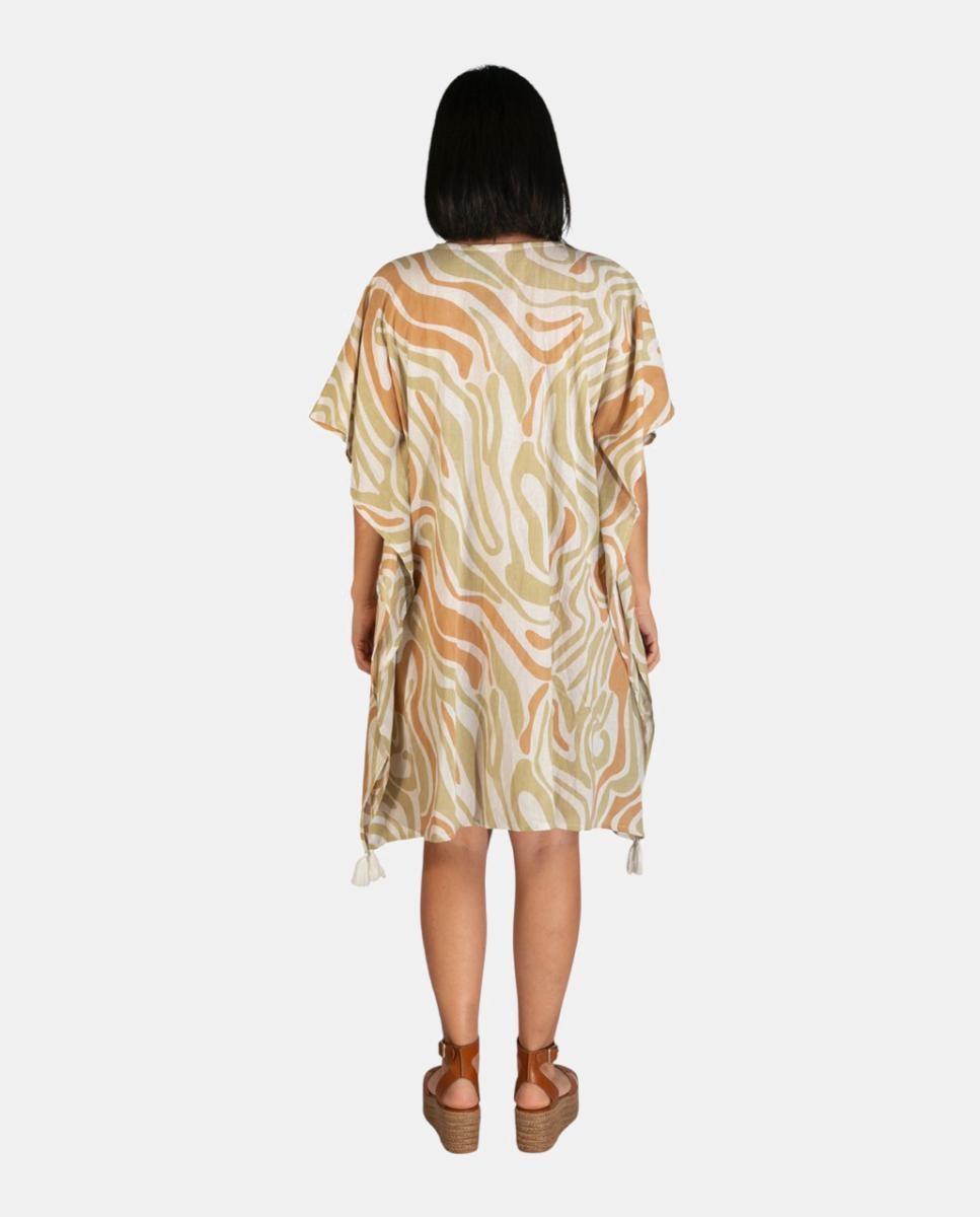 Kaftan Curto de Praia com Animal Print e Detalhe de Borlas Verde-escuro-2