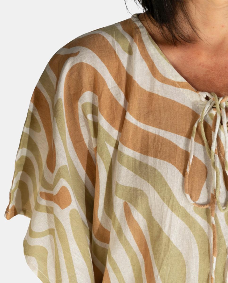 Kaftan Curto de Praia com Animal Print e Detalhe de Borlas Verde-escuro-3