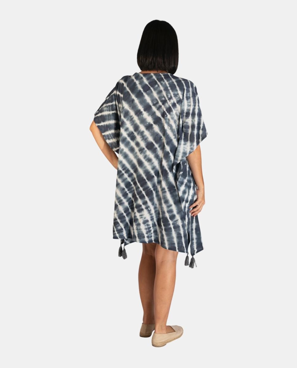 Kaftan Curto de Praia com Estampado Tie Dye e Detalhe de Borlas Azul-marinho-2