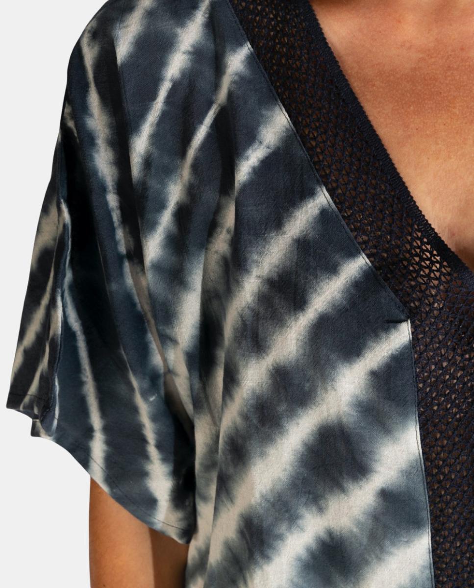 Kaftan Curto de Praia com Estampado Tie Dye e Detalhe de Borlas Azul-marinho-3