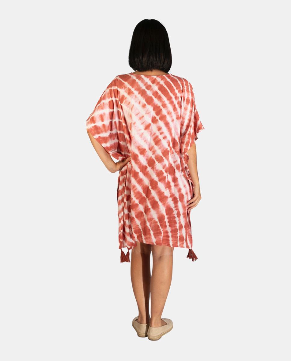 Kaftan Curto de Praia com Estampado Tie Dye e Detalhe de Borlas Coral-2