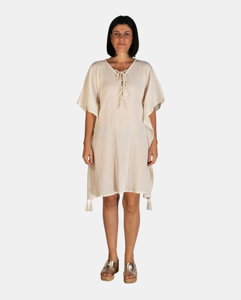 Imagem 0 de Kaftan Curto de Praia em Algodão Texturizado Liso com Detalhe de Borlas