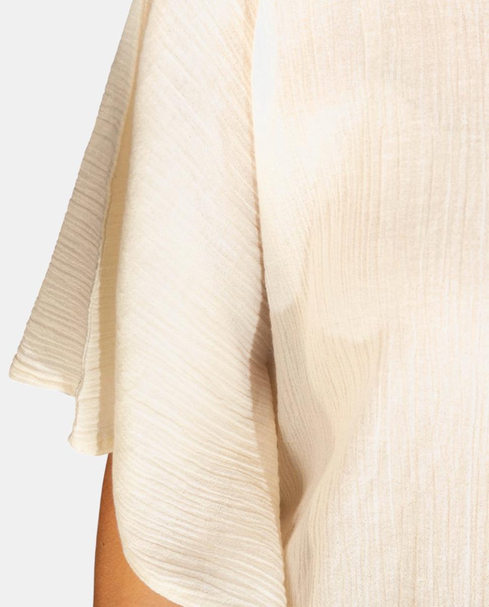 Kaftan Curto de Praia em Algodão Texturizado Liso com Detalhe de Borlas Branco-3