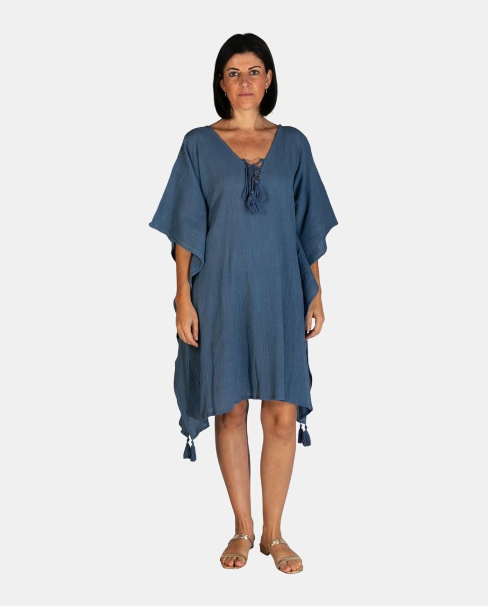 Imagem 0 de Kaftan Curto de Praia em Algodão Texturizado Liso com Detalhe de Borlas