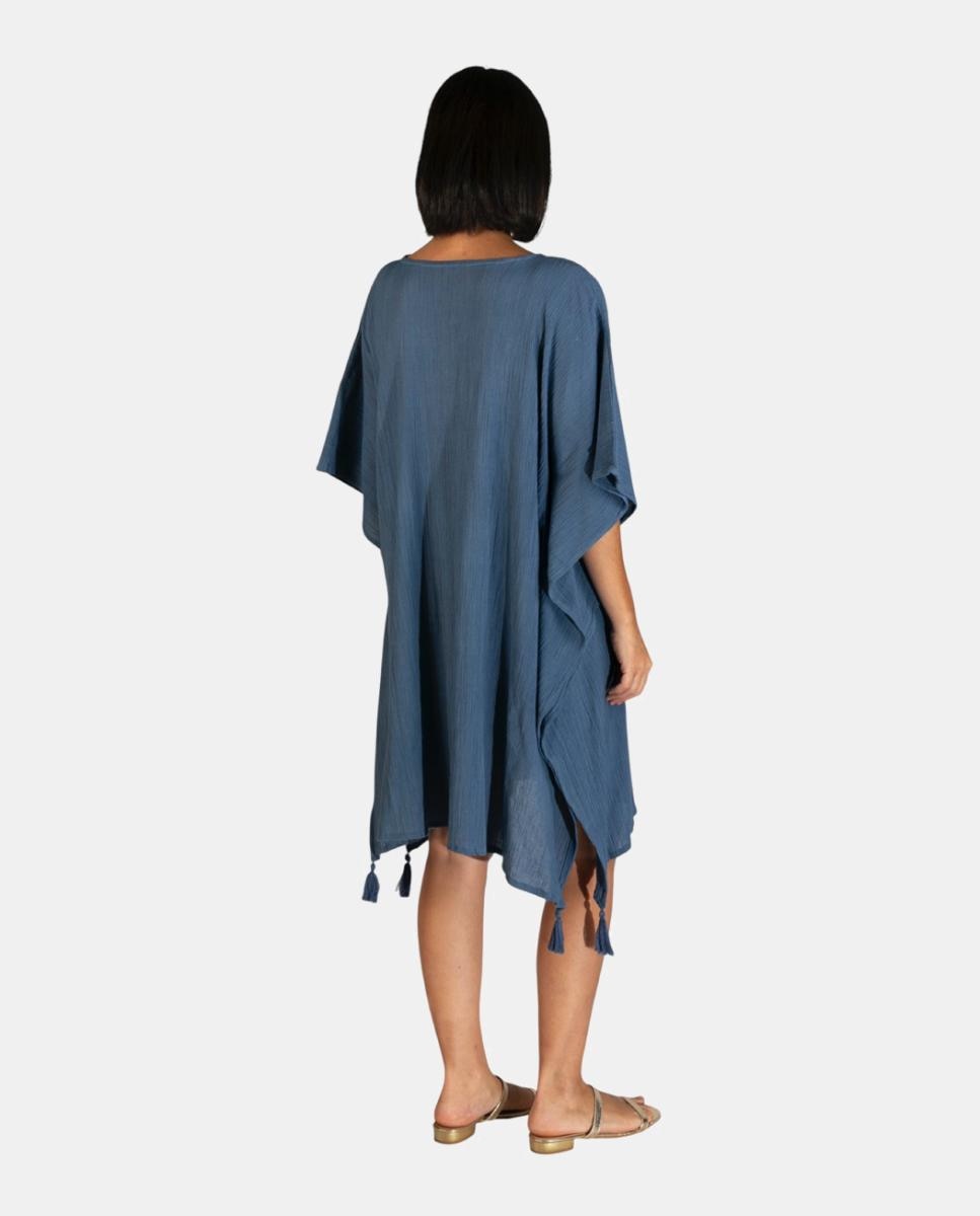 Kaftan Curto de Praia em Algodão Texturizado Liso com Detalhe de Borlas Azul-2