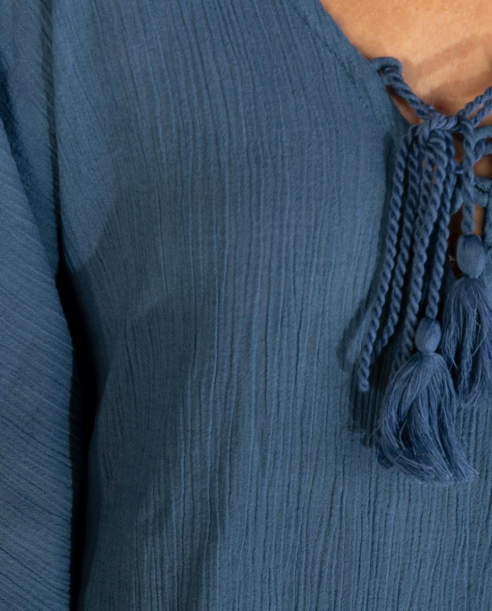 Kaftan Curto de Praia em Algodão Texturizado Liso com Detalhe de Borlas Azul-3