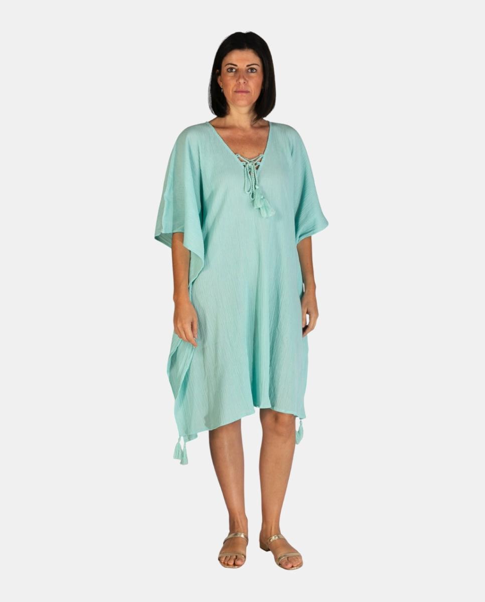 Imagem 0 de Kaftan Curto de Praia em Algodão Texturizado Liso com Detalhe de Borlas