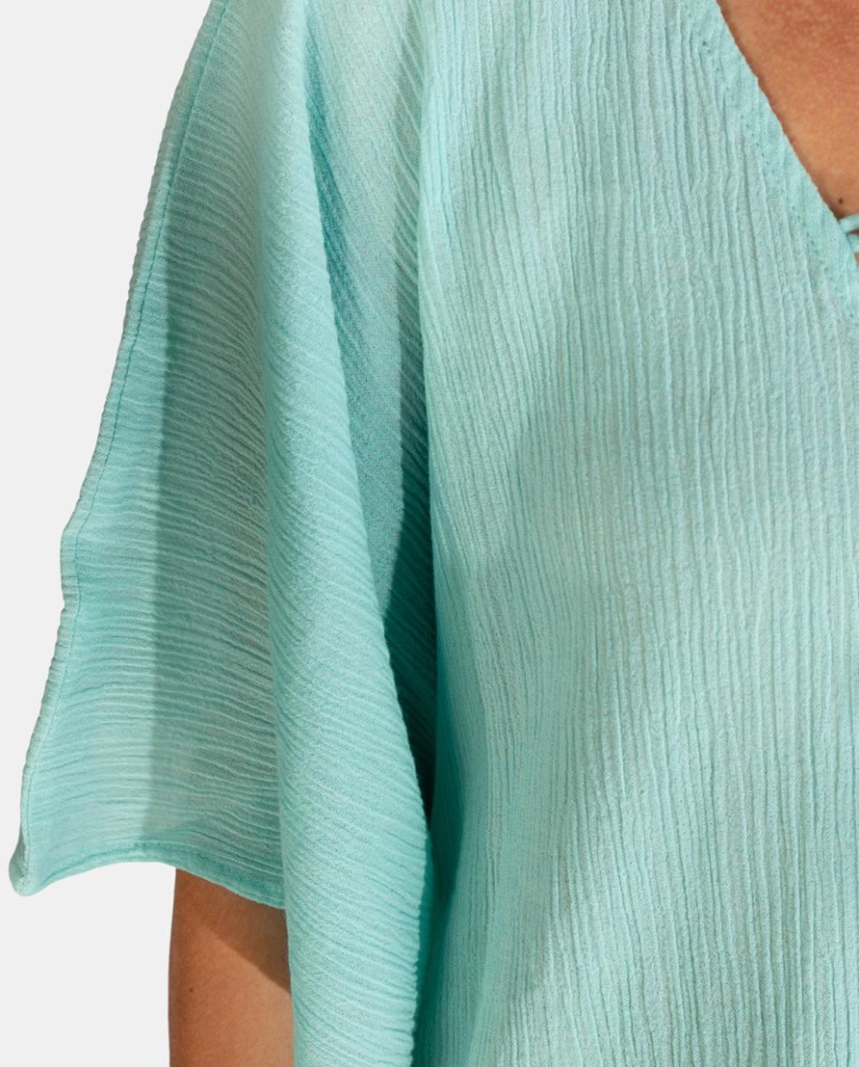 Kaftan Curto de Praia em Algodão Texturizado Liso com Detalhe de Borlas Verde Água-3