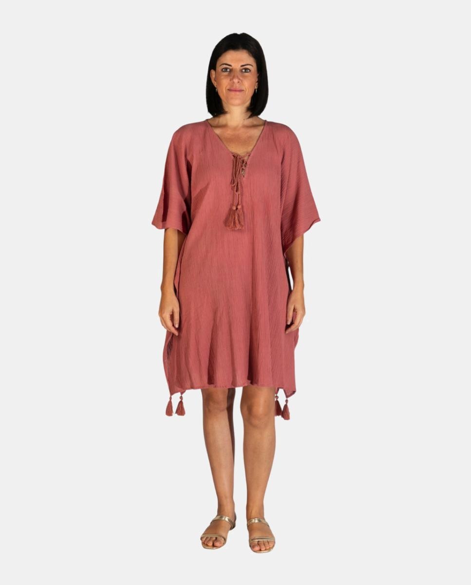 Imagem 0 de Kaftan Curto de Praia em Algodão Texturizado Liso com Detalhe de Borlas