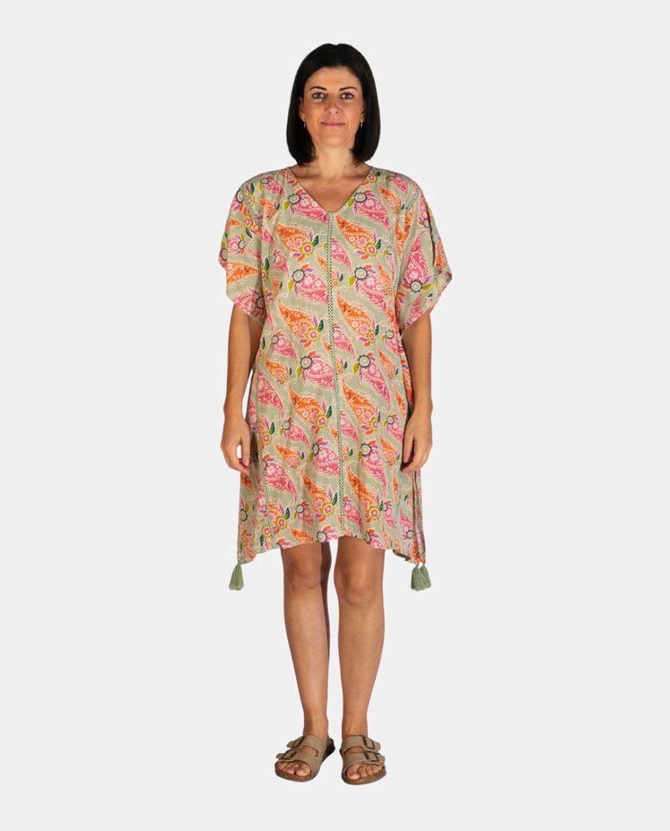Imagem 0 de Kaftan Curto de Praia com Estampado Paisley e Detalhe de Borlas