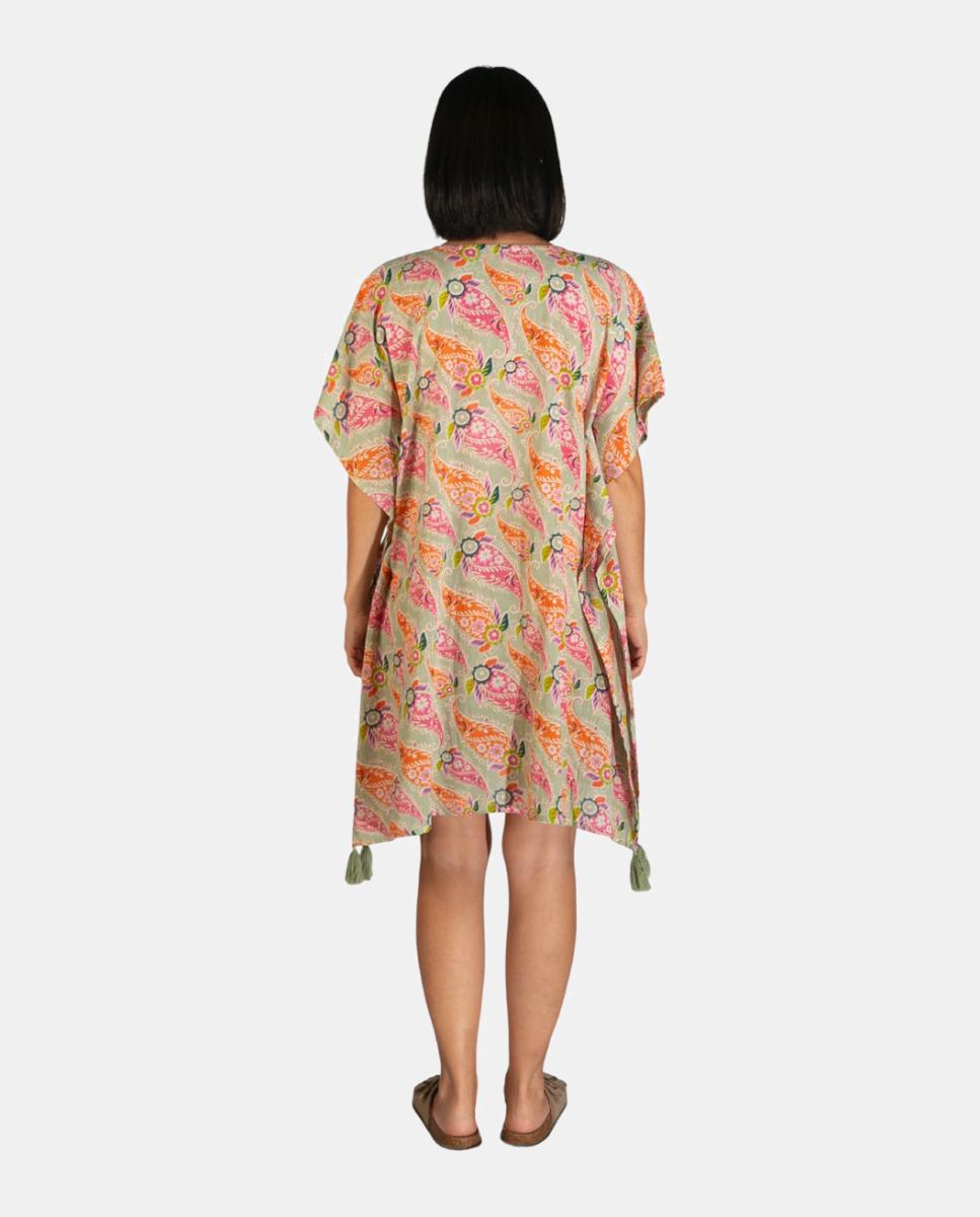 Kaftan Curto de Praia com Estampado Paisley e Detalhe de Borlas Verde-claro-2