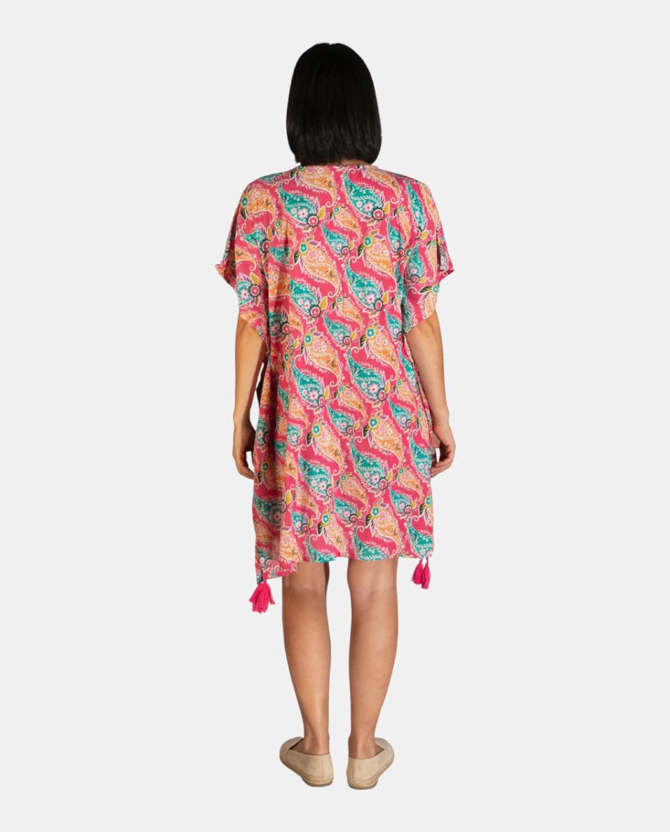 Kaftan Curto de Praia com Estampado Paisley e Detalhe de Borlas Rosa-2