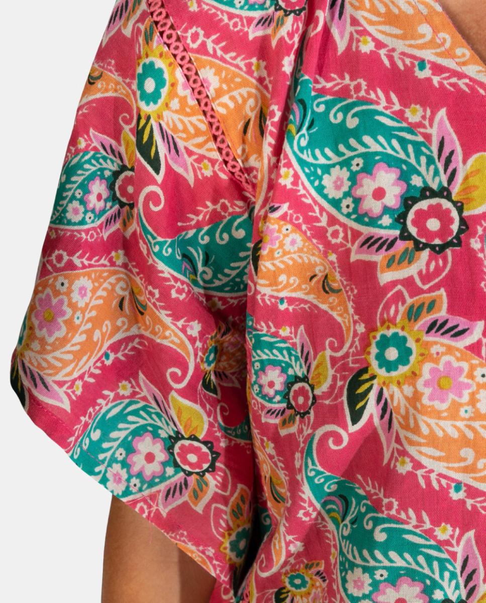 Kaftan Curto de Praia com Estampado Paisley e Detalhe de Borlas Rosa-3