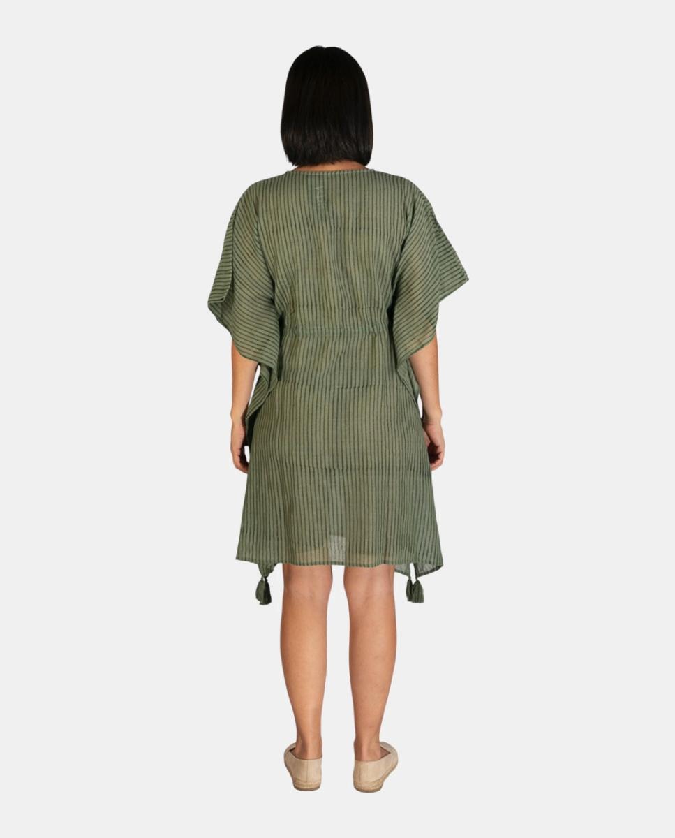 Kaftan Curto em Tecido Ligeiro às Riscas com Cordão Ajustável Verde-escuro-2