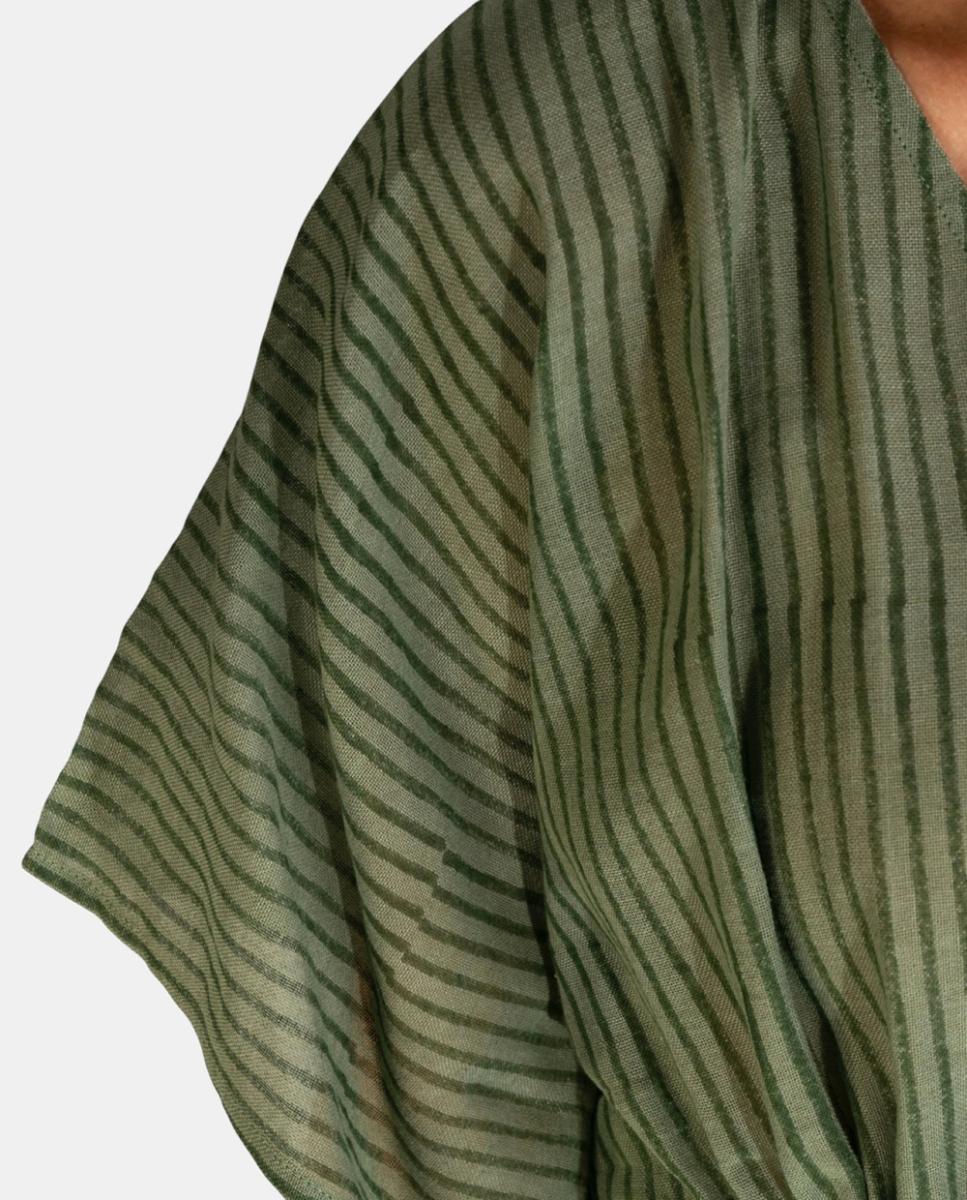 Kaftan Curto em Tecido Ligeiro às Riscas com Cordão Ajustável Verde-escuro-3