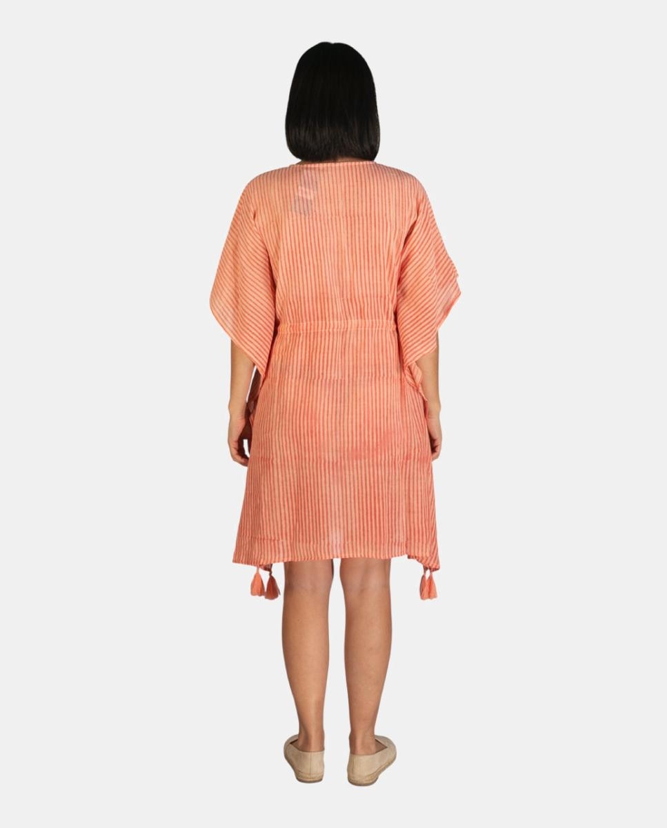 Kaftan Curto em Tecido Ligeiro às Riscas com Cordão Ajustável Laranja-2