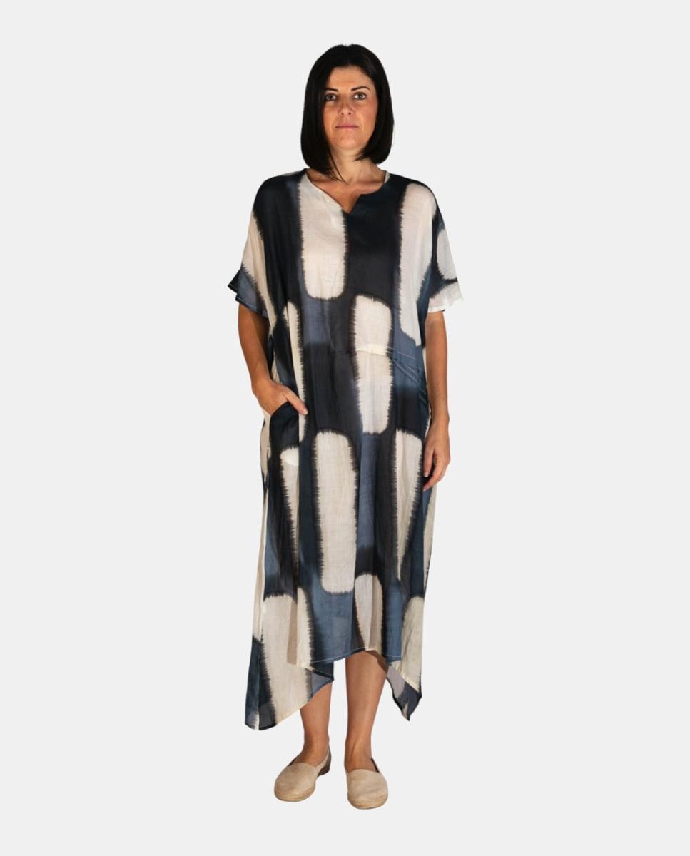 Imagem 0 de Kaftan Comprido de Algodão com Estampado Tie Dye Geométrico