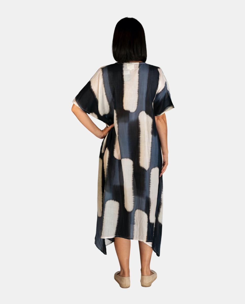 Kaftan Comprido de Algodão com Estampado Tie Dye Geométrico Azul-2