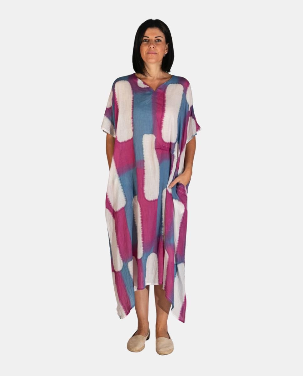 Imagem 0 de Kaftan Comprido de Algodão com Estampado Tie Dye Geométrico
