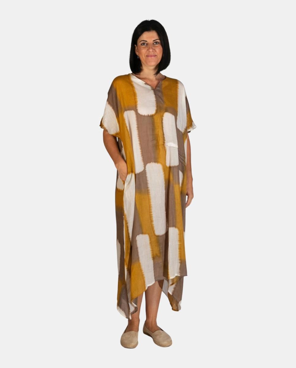 Imagem 0 de Kaftan Comprido de Algodão com Estampado Tie Dye Geométrico