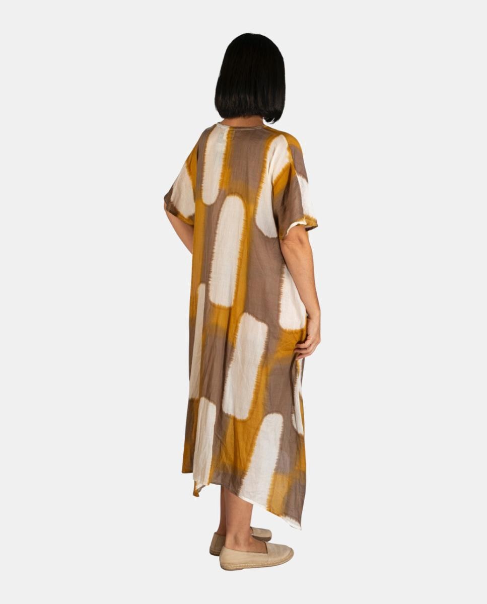 Kaftan Comprido de Algodão com Estampado Tie Dye Geométrico Mostarda-2