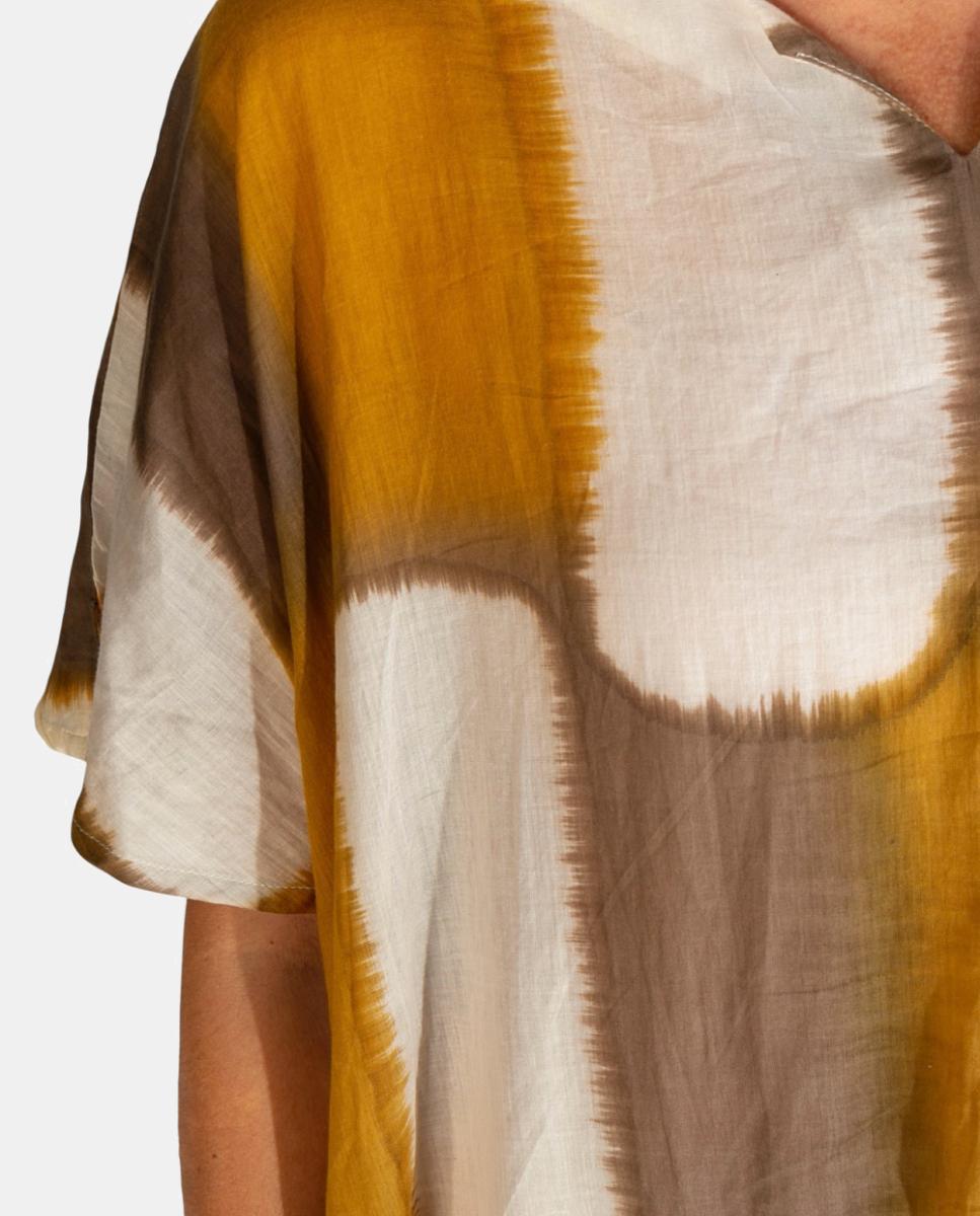 Kaftan Comprido de Algodão com Estampado Tie Dye Geométrico Mostarda-3
