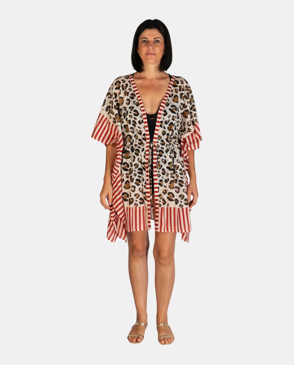 Imagem 0 de Kaftan Curto de Algodão Ligeiro com Animal Print e Riscas