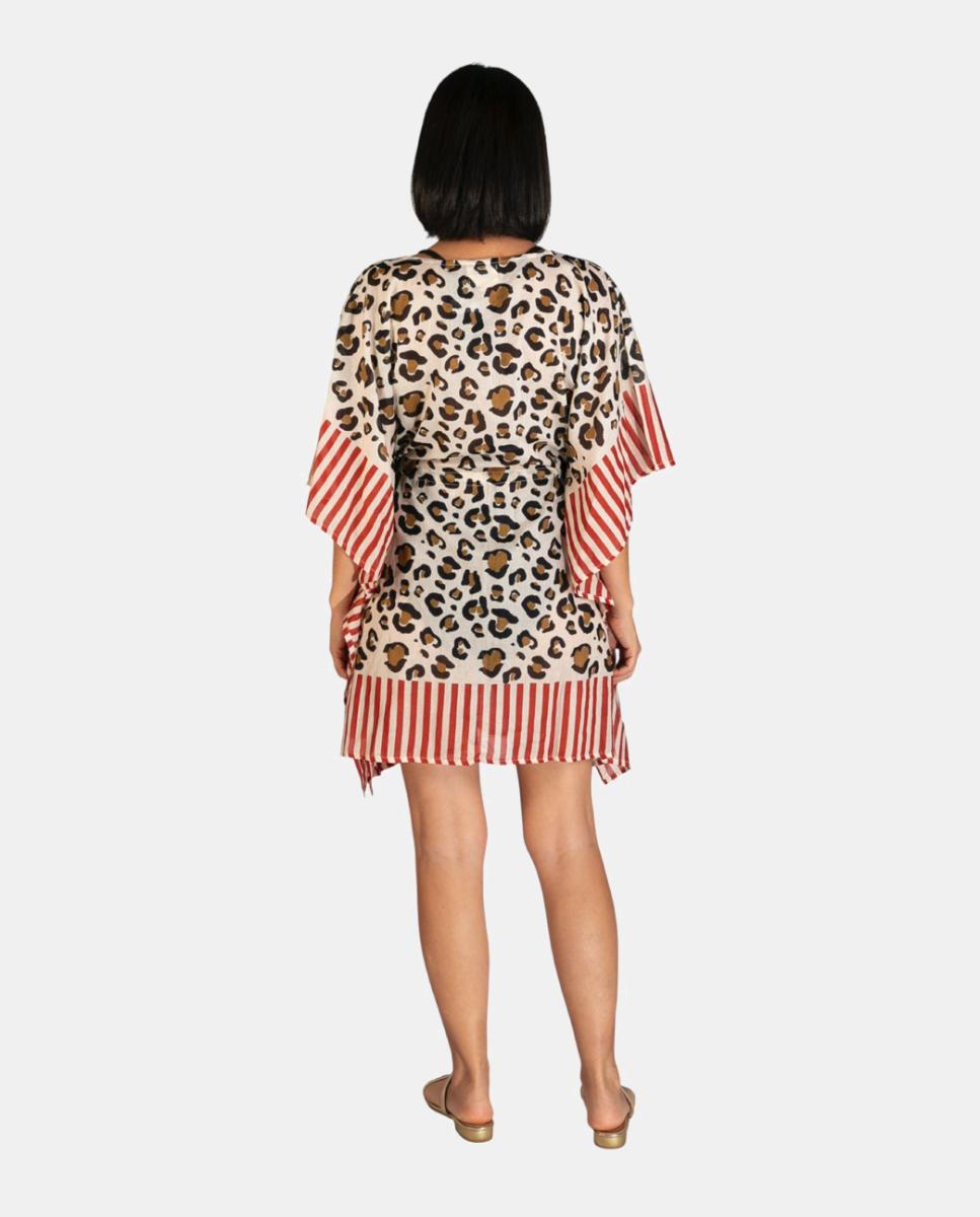 Kaftan Curto de Algodão Ligeiro com Animal Print e Riscas Castanho-2