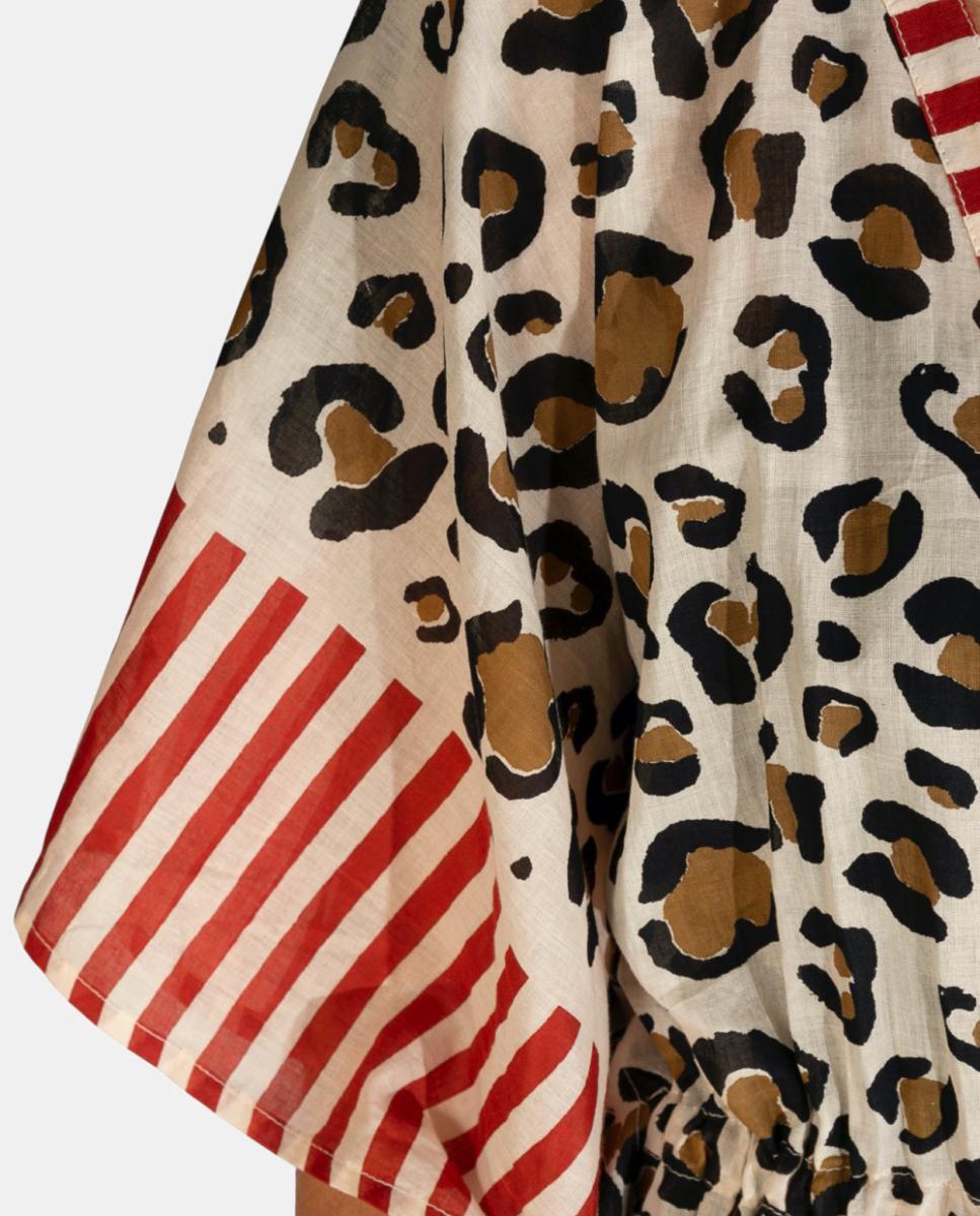 Kaftan Curto de Algodão Ligeiro com Animal Print e Riscas Castanho-3