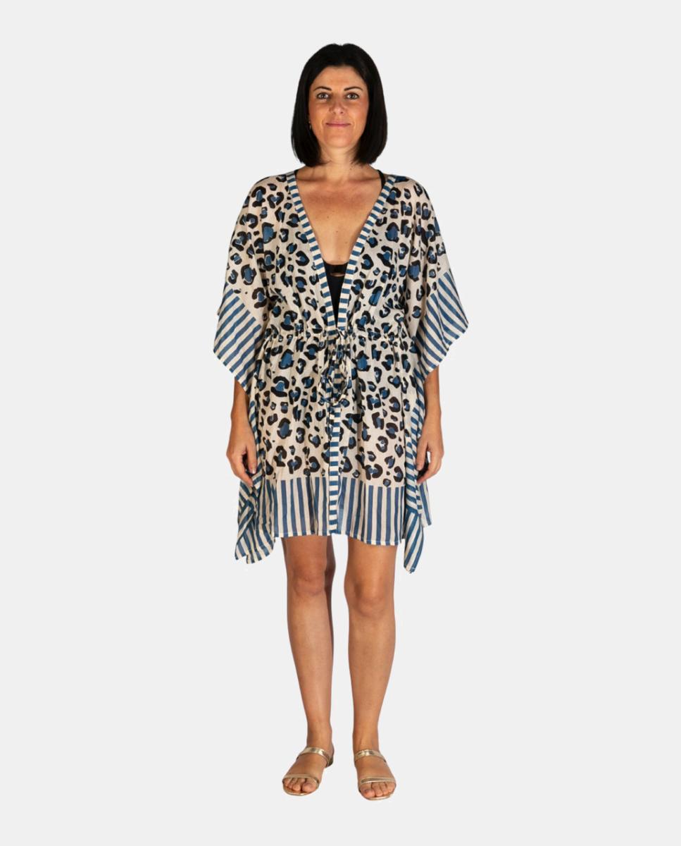Imagem 0 de Kaftan Curto de Algodão Ligeiro com Animal Print e Riscas